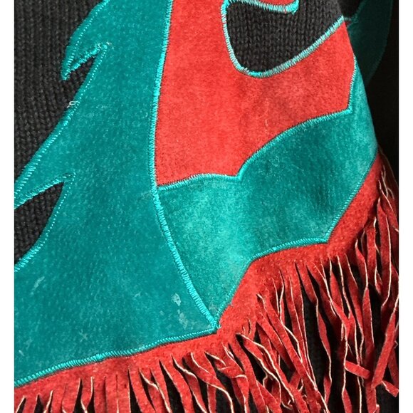 Vintage Pioneer Wear Black Sweater With Red & Teal Suede Western Fringe Medium - Picture 3 of 4